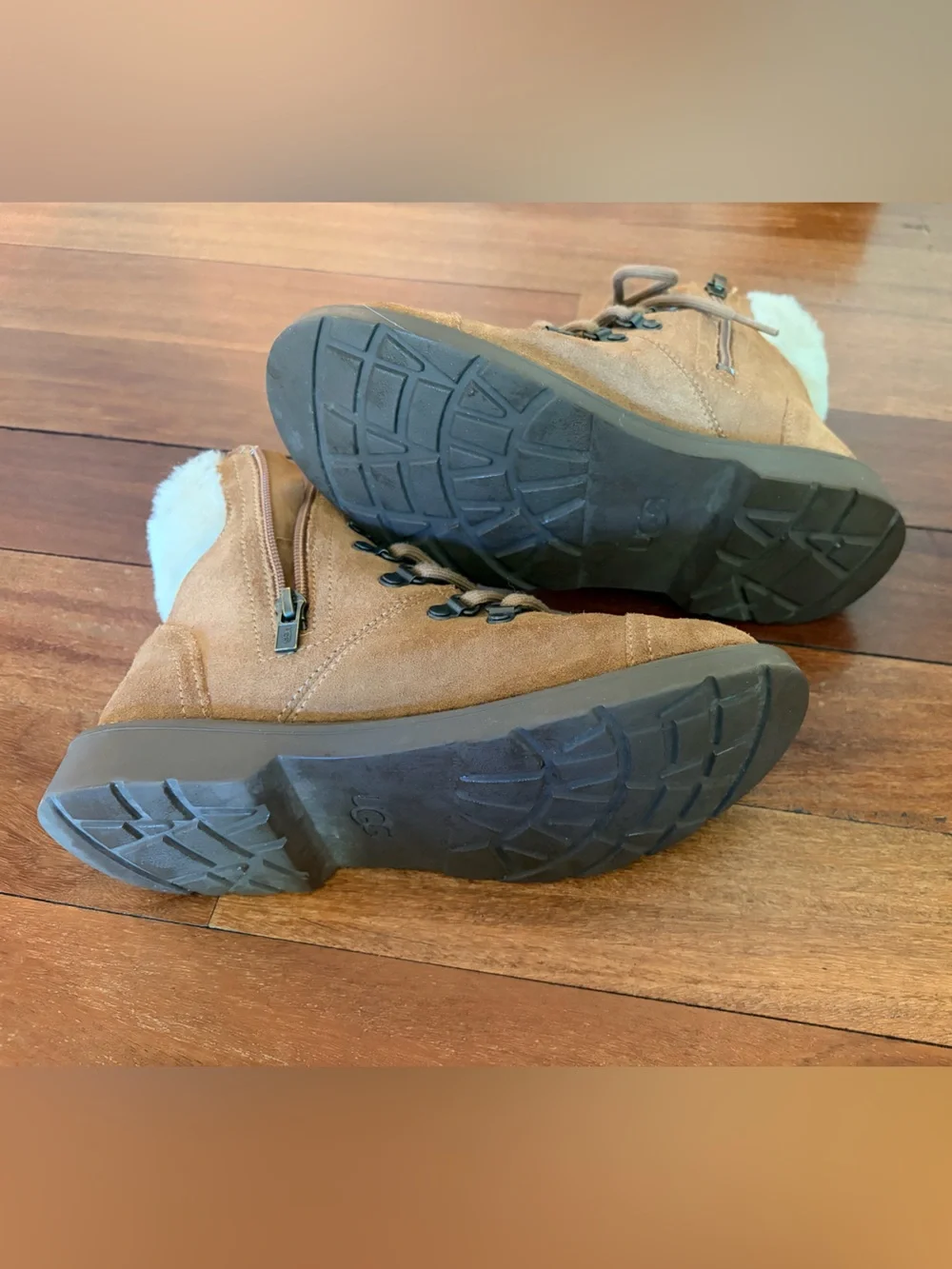 UGG Kids Tan Suede Faux-Fur Collar Lace-Up Boots